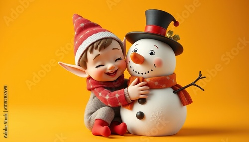 3D illustration of a small, endearing elf with rosy cheeks and a bright smile, tenderly embracing a jolly snowman with a top hat and carrot nose, set against a warm and inviting background photo