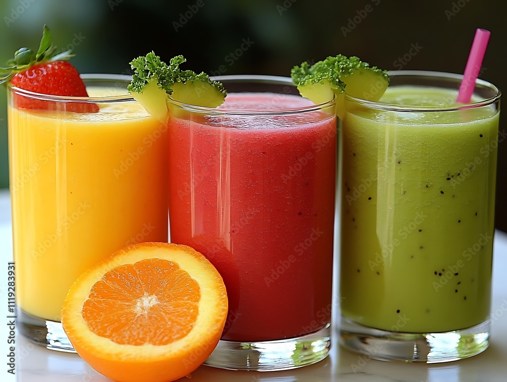 A close-up of a colorful fruit smoothie with a straw and garnish A close-up of a colorful fruit smoothie with a straw and garnish