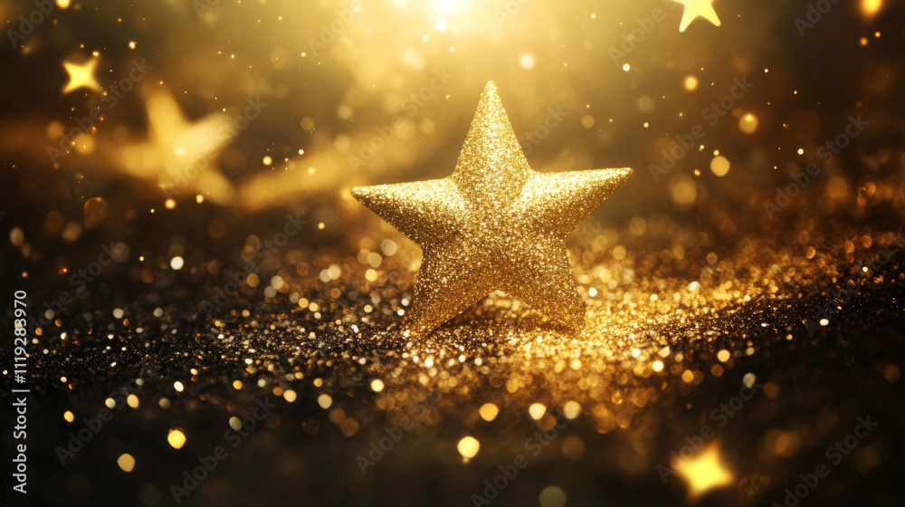 Magic gold star trail with glitter light dust. Golden shine glow wave ...