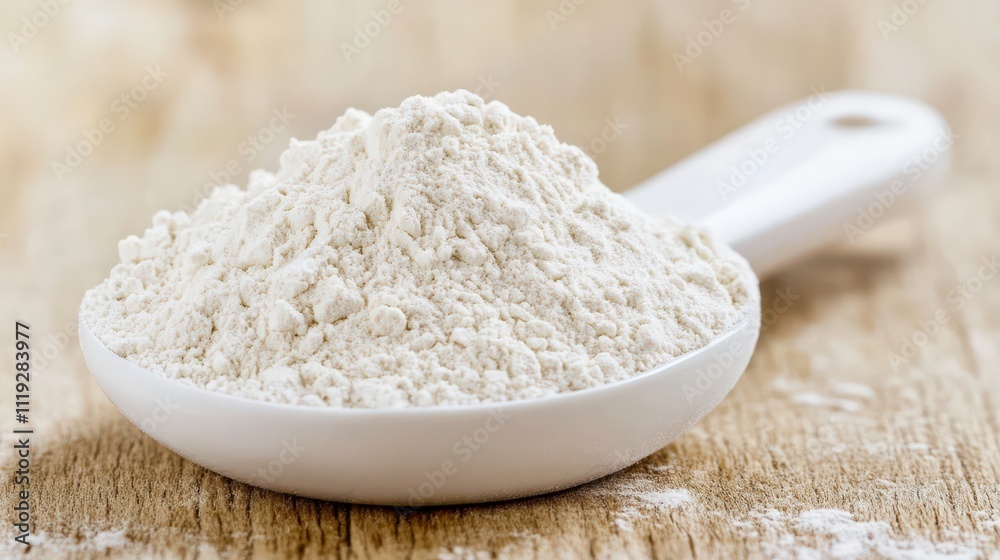 A spoonful of white flour on a wooden surface, ready for baking or cooking. A spoonful of white flour on a wooden surface, ready for baking or cooking.