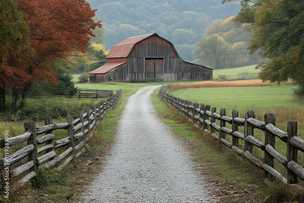Gravel road leading to rustic barn in autumn landscape. Gravel road leading to rustic barn in autumn landscape.