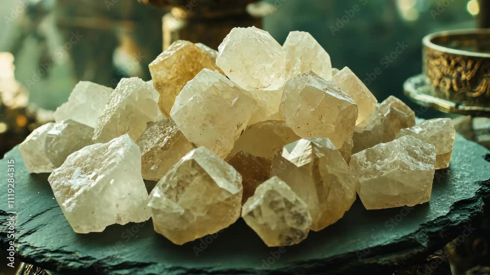 Natural clear crystals arranged on a slate display with a warm, soft background in a serene setting Natural clear crystals arranged on a slate display with a warm, soft background in a serene setting