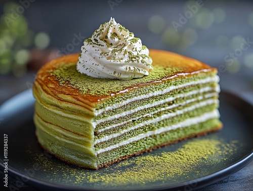 A visually appealing matcha cake layered with cream, topped with whipped cream and a dusting of matcha powder, served on a sleek black plate.