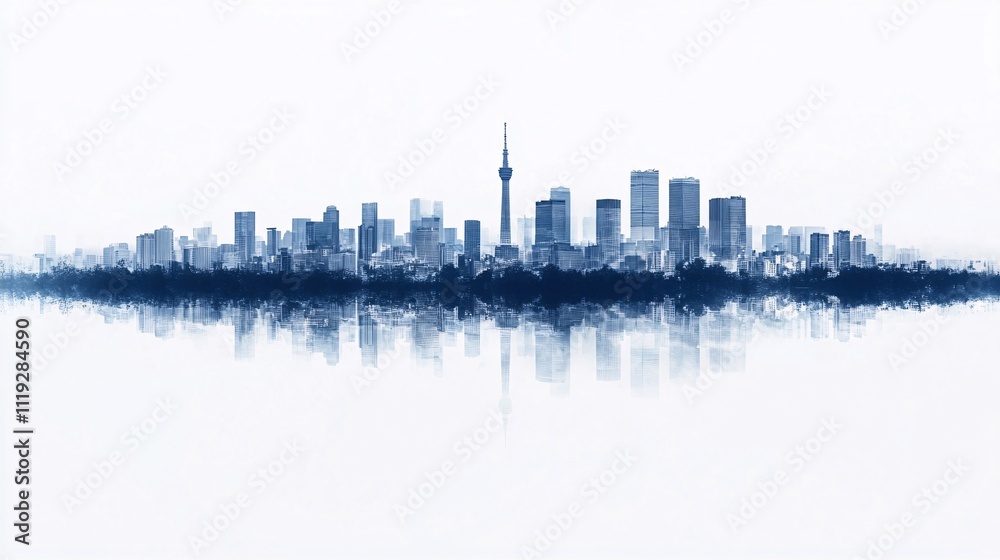 Obraz premium Stylized city skyline reflected in water, minimalist design.