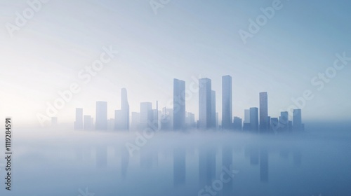 Misty city skyline reflected in calm water at sunrise.