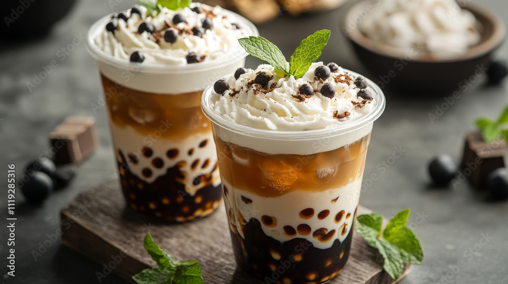 Bubble tea or milk cocktail with fruits and berries, cream top decoration and mint leaves in plastic cups with straw. Cartoon vector set of cold drink with blueberry and orange, chocolate tapioca. Bubble tea or milk cocktail with fruits and berries, cream top decoration and mint leaves in plastic cups with straw. Cartoon vector set of cold drink with blueberry and orange, chocolate tapioca.