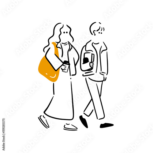 コーヒーを持って話ながら歩く2人の女性のイラスト