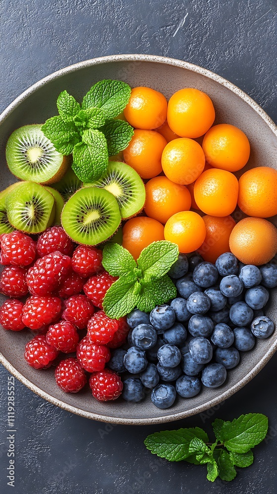 A detailed view of a colorful fruit platter with berries, melon, and kiwi A detailed view of a colorful fruit platter with berries, melon, and kiwi