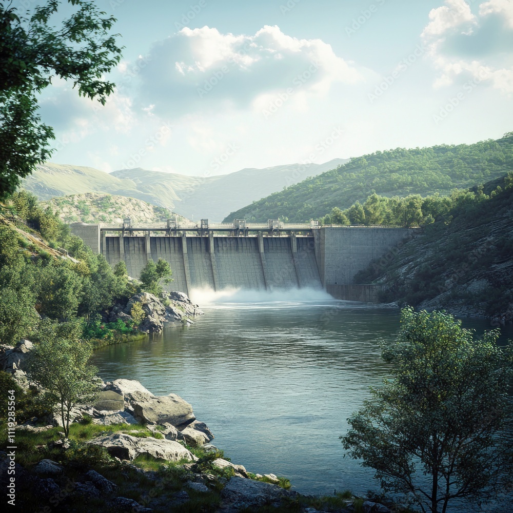 A serene landscape featuring a dam surrounded by lush hills and a calm river. A serene landscape featuring a dam surrounded by lush hills and a calm river.
