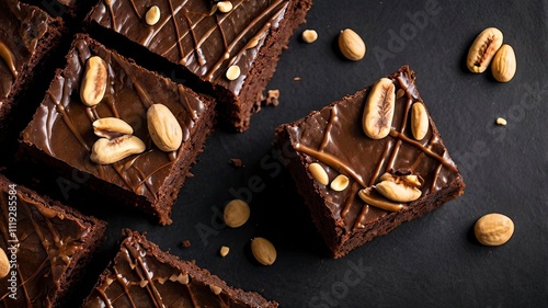 Fresh brownies on black background. Delicious homemade chocolate dessert, pie brownie with peanut butter, top view.