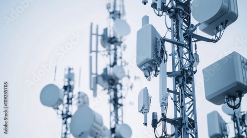 Close-up of multiple telecommunication towers against a clear sky.