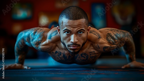 A fit individual performing push-ups in a minimalist home gym setup
