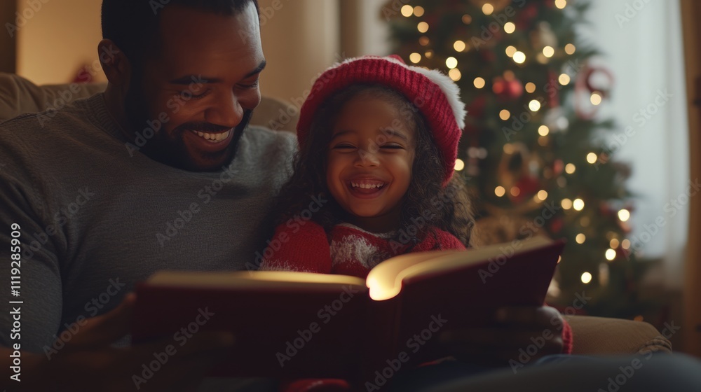 Happy father and daughter reading a book together by a Christmas tree.