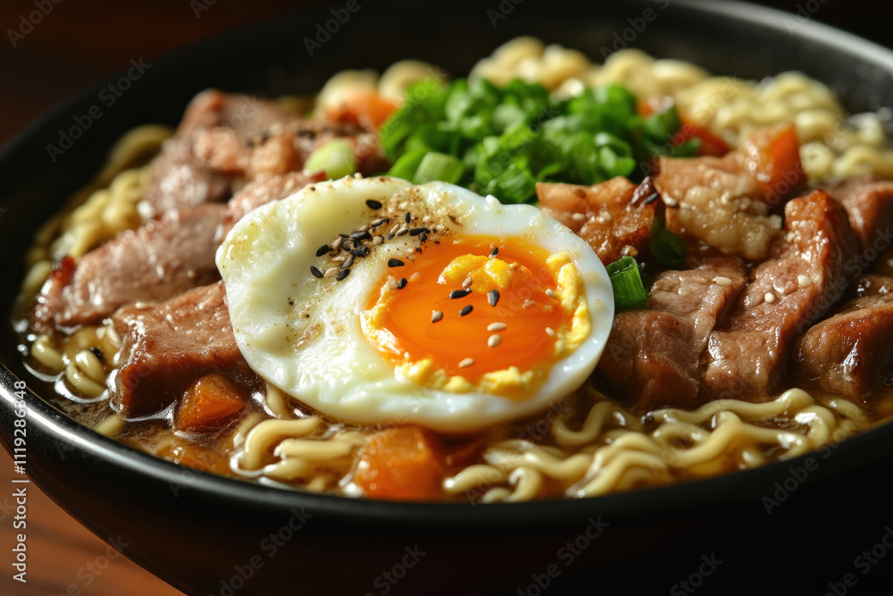Ramen with pork, egg, and green onions in a black bowl. Ramen with pork, egg, and green onions in a black bowl.