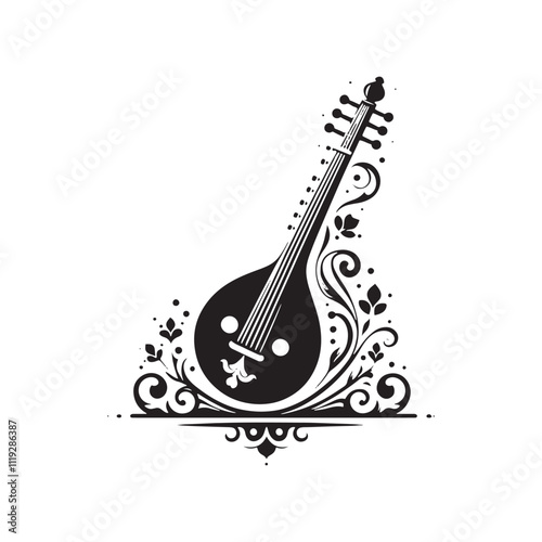 Silhouette of Veena Instrument - Veena Instrument Vector - Instrument Illustration.