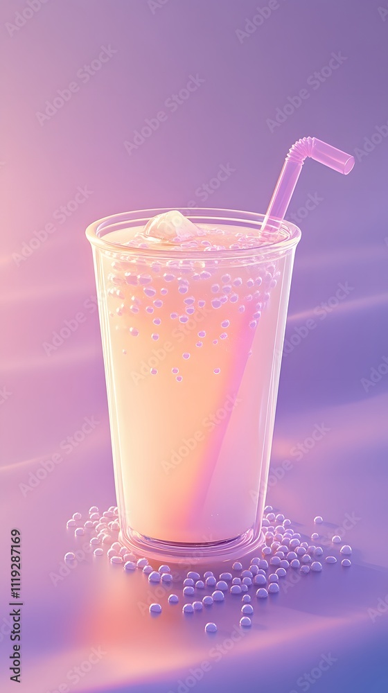 A glass of creamy milk tea with tapioca pearls, set against a soft lavender background A glass of creamy milk tea with tapioca pearls, set against a soft lavender background