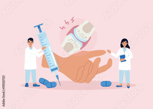 Doctors prescribe treatment. Hand with crooked fingers suffering from rheumatoid arthritis. Vector illustration in cartoon style.