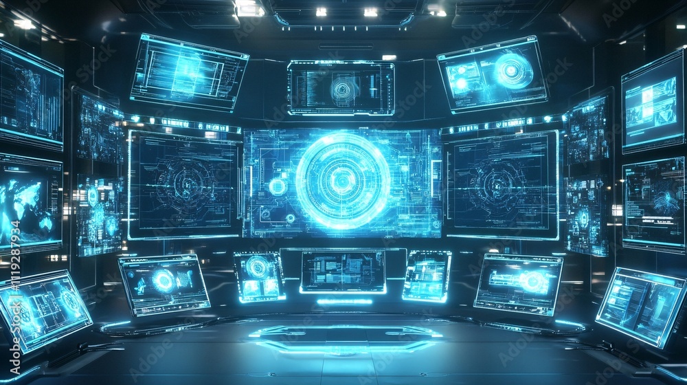 Futuristic control room with many glowing screens displaying data and information. Futuristic control room with many glowing screens displaying data and information.