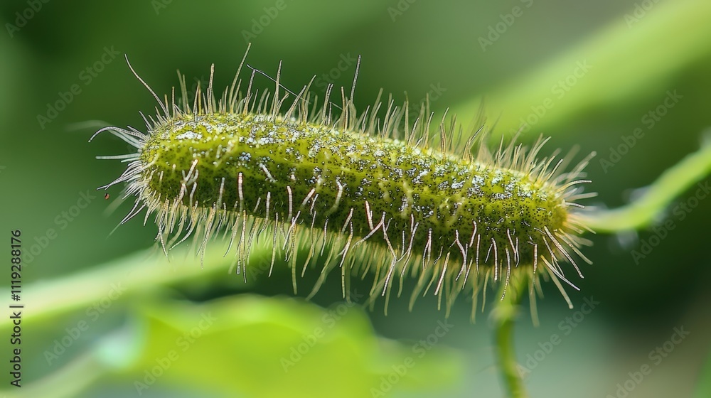 Close-up of a Green Spiky Caterpillar on Leaf in Natural Environment Close-up of a Green Spiky Caterpillar on Leaf in Natural Environment