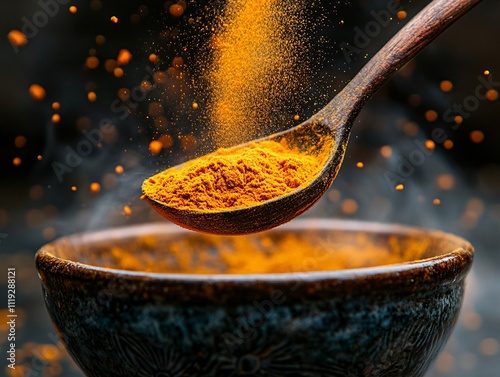 A wooden spoon holds vibrant turmeric powder above a bowl, with a cloud of spice particles floating in the air, creating a dynamic culinary scene.