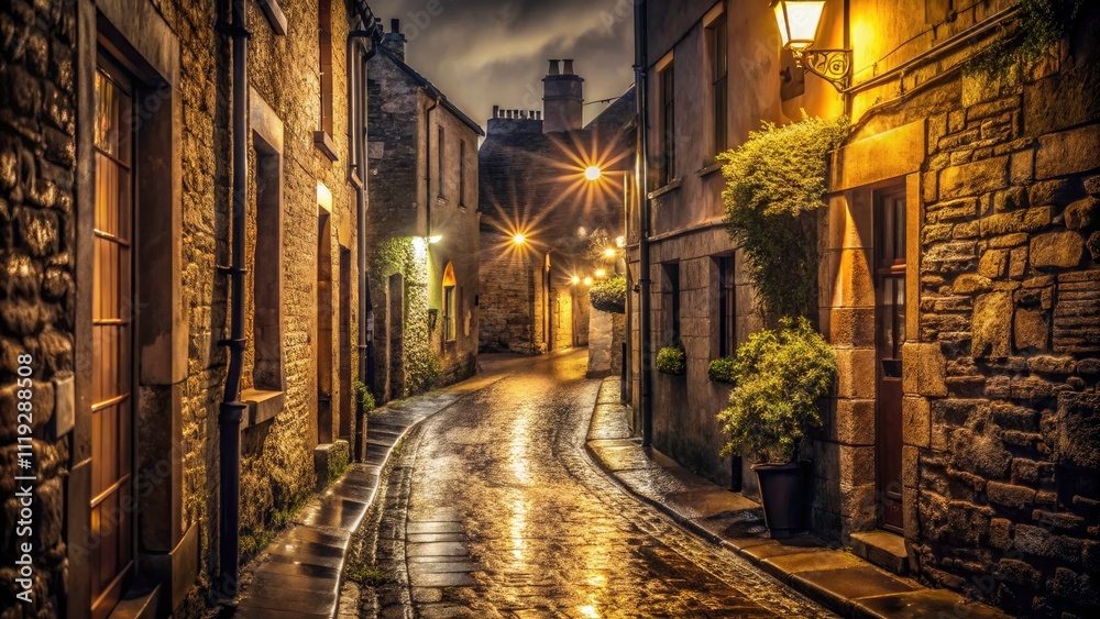 Fototapeta premium Rainy Night Kilkenny Alleyway, Sepia Medieval Ireland, Butter Slip, Historic Irish Lane
