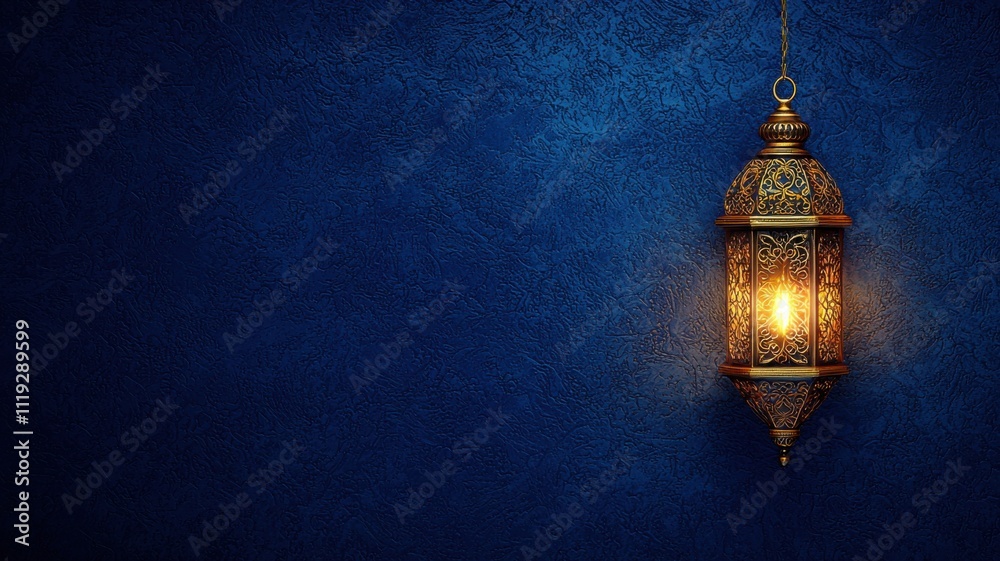 A beautifully ornate lantern hangs against a deep blue wall, casting a warm glow and adding a touch of elegance to the scene. A beautifully ornate lantern hangs against a deep blue wall, casting a warm glow and adding a touch of elegance to the scene.
