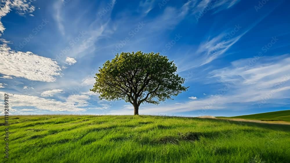 Solitary tree on grassy hill under a vibrant blue sky with fluffy white clouds. Solitary tree on grassy hill under a vibrant blue sky with fluffy white clouds.