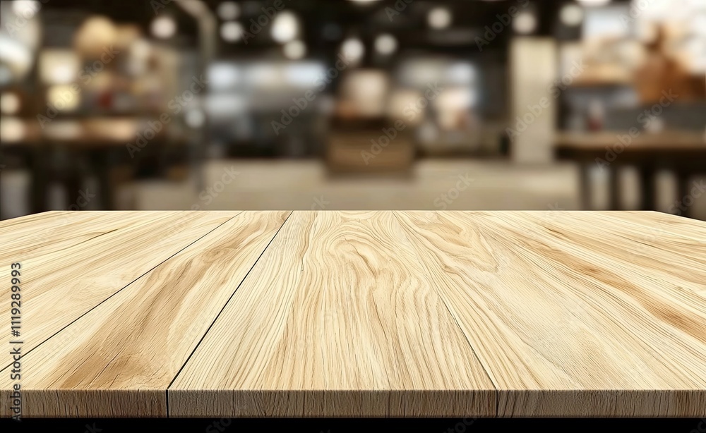 Empty light wood table top with a blurred kitchen interior background for product display montage Empty light wood table top with a blurred kitchen interior background for product display montage