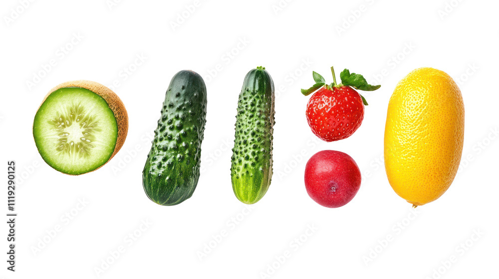 Colorful Fruit & Vegetable Lineup: A vibrant collection of fresh produce, arranged in a row for a visually appealing and healthy display. The scene includes kiwi, cucumbers, strawberries, and a lemon.