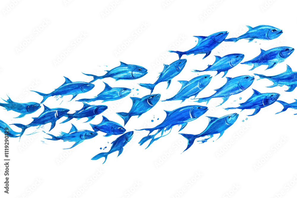 Fototapeta premium Blue Fish School: An illustration of a vibrant school of blue fish swimming in a graceful, wave-like formation. Captures movement and unity in nature. 