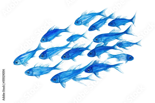 Wallpaper Mural Blue Fish School: A mesmerizing watercolor painting of a school of vibrant blue fish gracefully swimming together.  Their synchronized movements create a sense of unity and fluidity. Torontodigital.ca