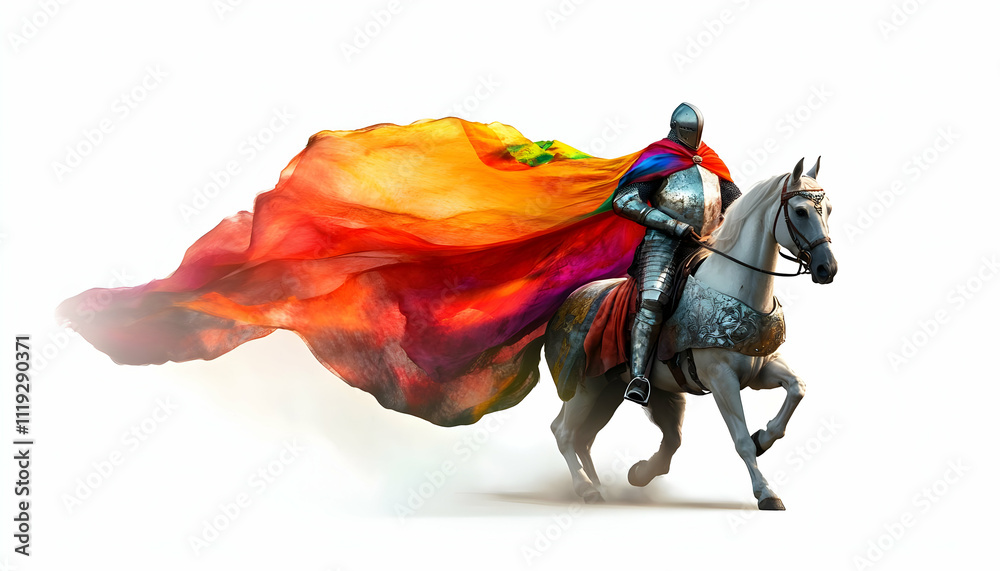 Fototapeta premium A knight in armor rides a horse, adorned with a colorful flowing cape.