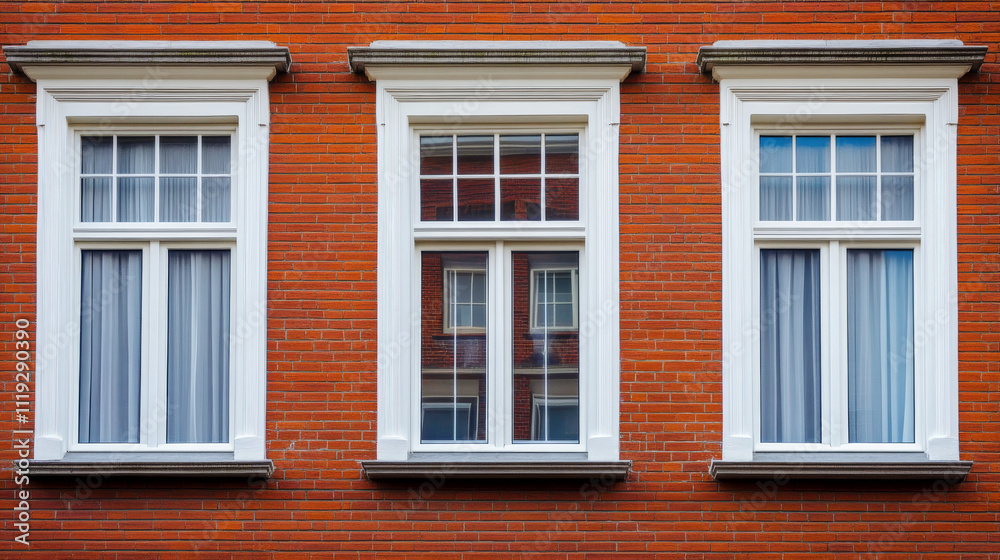Brick wall and windows with white frame. Residential or office building facade. Vector cartoon illustration of house front with open and closed glass windows with curtains and blind inside Brick wall and windows with white frame. Residential or office building facade. Vector cartoon illustration of house front with open and closed glass windows with curtains and blind inside