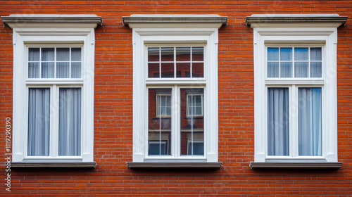 Brick wall and windows with white frame. Residential or office building facade. Vector cartoon illustration of house front with open and closed glass windows with curtains and blind inside