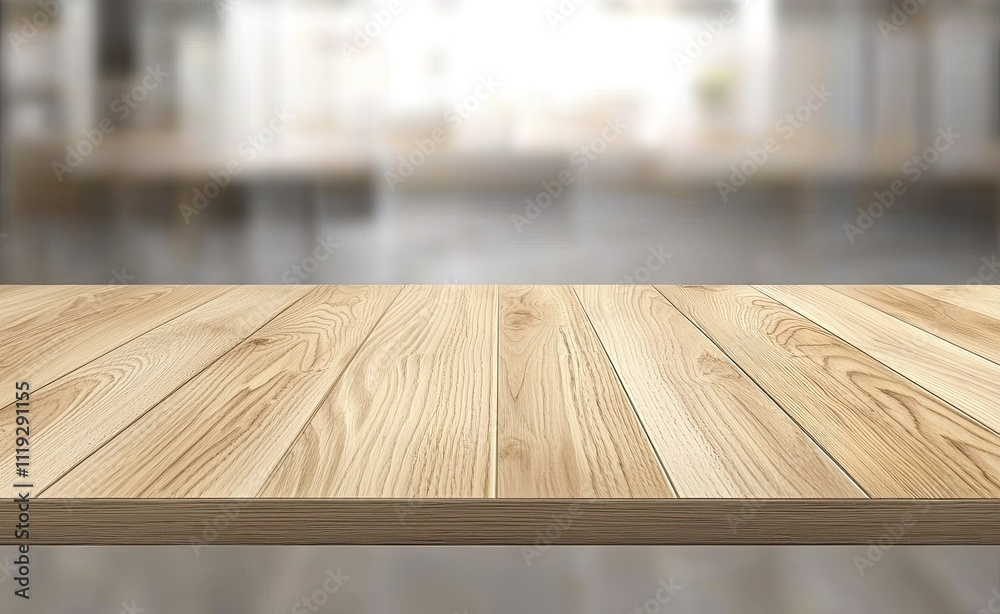 Empty light wood table top with a blurred kitchen interior background for product display montage Empty light wood table top with a blurred kitchen interior background for product display montage