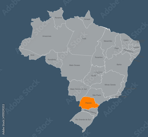 Map of brazil Highlighting Paraná Region with Labeled Provinces