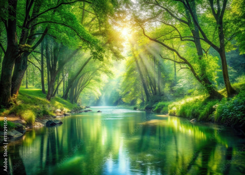 Spring River Landscape Double Exposure Photography: Dreamy Trees, Flowing Water, Surreal Nature