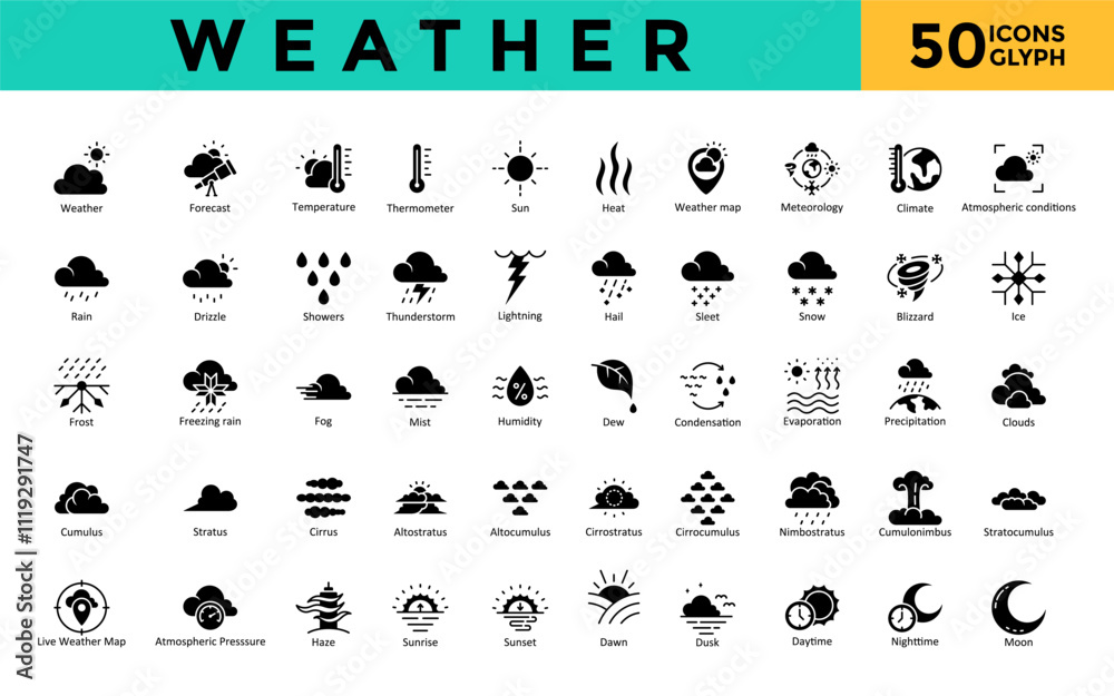 Weather icons set with weather, forecast, temperature, thermometer, sun, heat, weather map, meteorology, climate, atmospheric conditions icon. Simple glyph vector 
