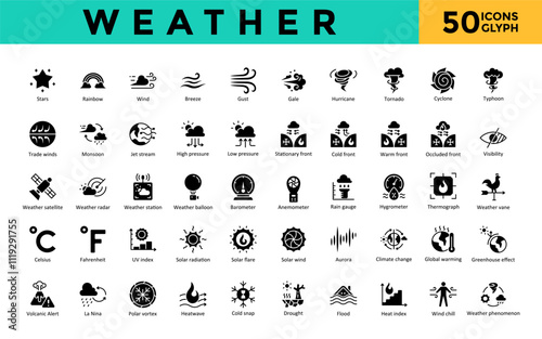 Weather icons set with stars, rainbow, wind, breeze, gust, gale, hurricane, tornado, cyclone, typhoon icon. Simple glyph vector 

