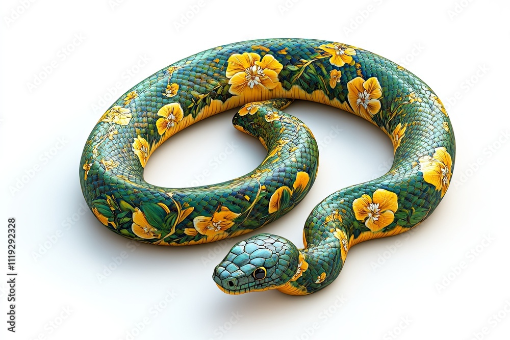 Fototapeta premium gold green snake with floral intricate carvings textured skin on white background 