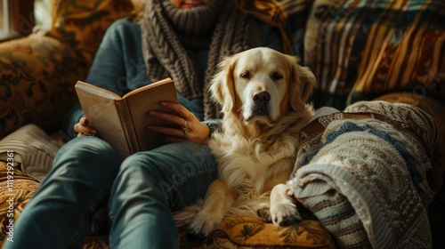 Golden Retriever sitting peacefully on a cozy couch next to an open book, wrapped in soft blankets by a window