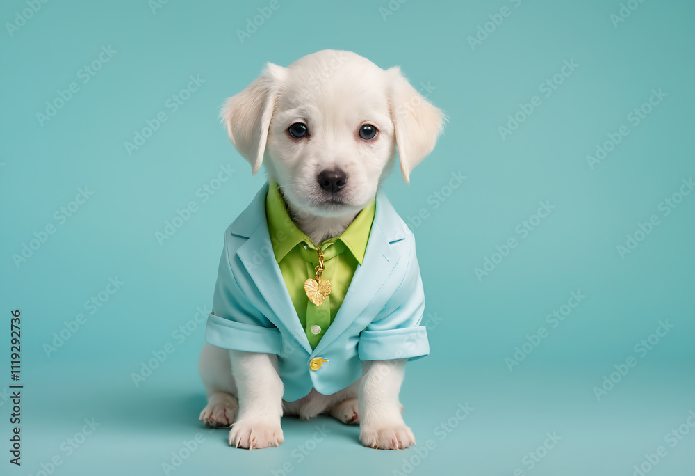Cute Puppy, little white dog wearing stylish suit with tie in vibrant color, posing on colorful background Cute Puppy, little white dog wearing stylish suit with tie in vibrant color, posing on colorful background