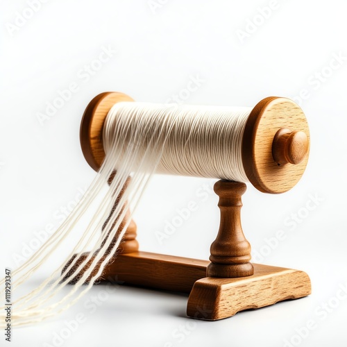 A wooden spool of thread with white strands flowing elegantly, isolated on white. photo