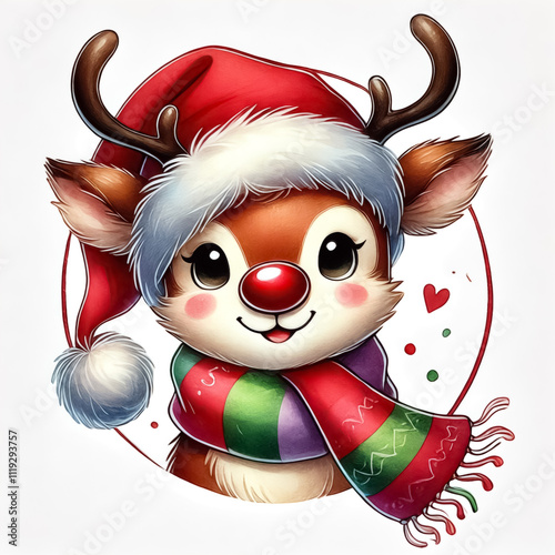  A cheerful cute reindeer wearing a red nose, Santa hat, and a festive scarf.