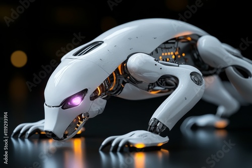 A sleek robotic animal crouches with an illuminated eye, representing advancements in robotics, innovation, and the intersection of nature with technology. photo