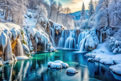 Surreal Snowy Plitvice Lakes: Winter Wonderland, Croatian National Park, Frozen Beauty, Dreamlike Landscape, Icy Cascades, Snow Covered Lakes, Magical Scenery