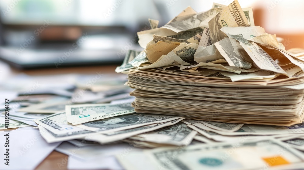 Stack of Cash and Dollar Bills on Table in Bright Office Space Stack of Cash and Dollar Bills on Table in Bright Office Space