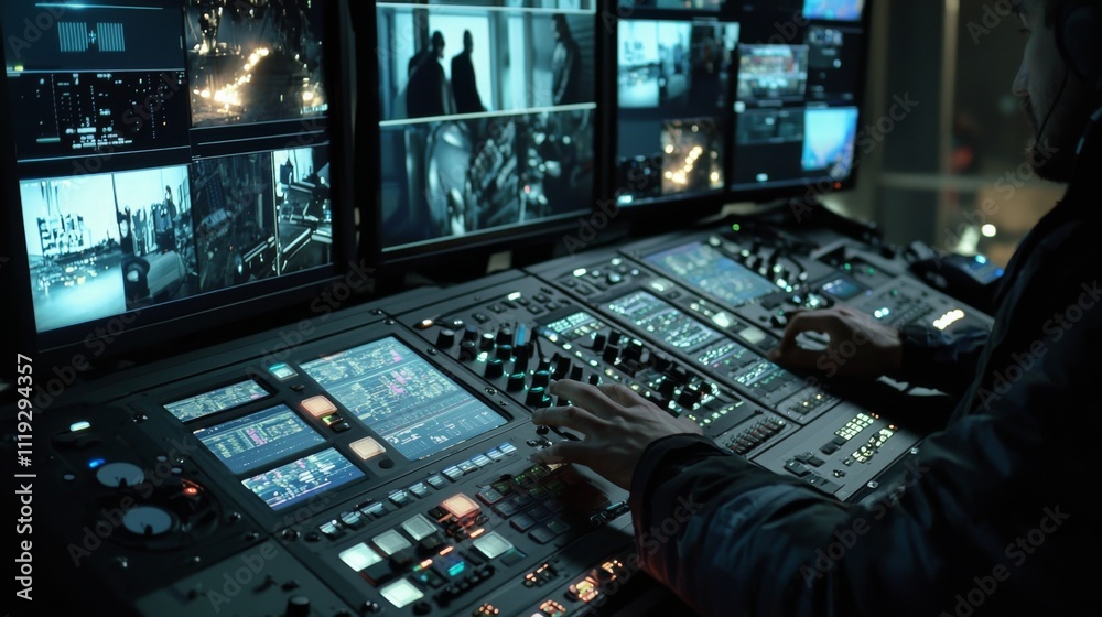 Fototapeta premium Advanced Control Room Technology: A Glimpse into Modern Surveillance Interfaces, Operator Workspaces, and Sophisticated Monitoring Panels for Secure Data and System Management