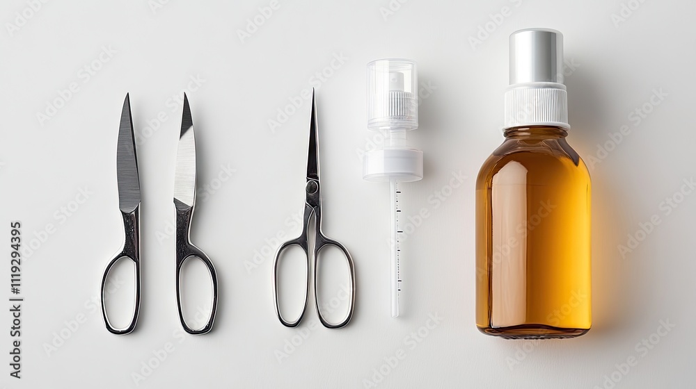 Fototapeta premium Collection of Scissors and Bottle on White Background