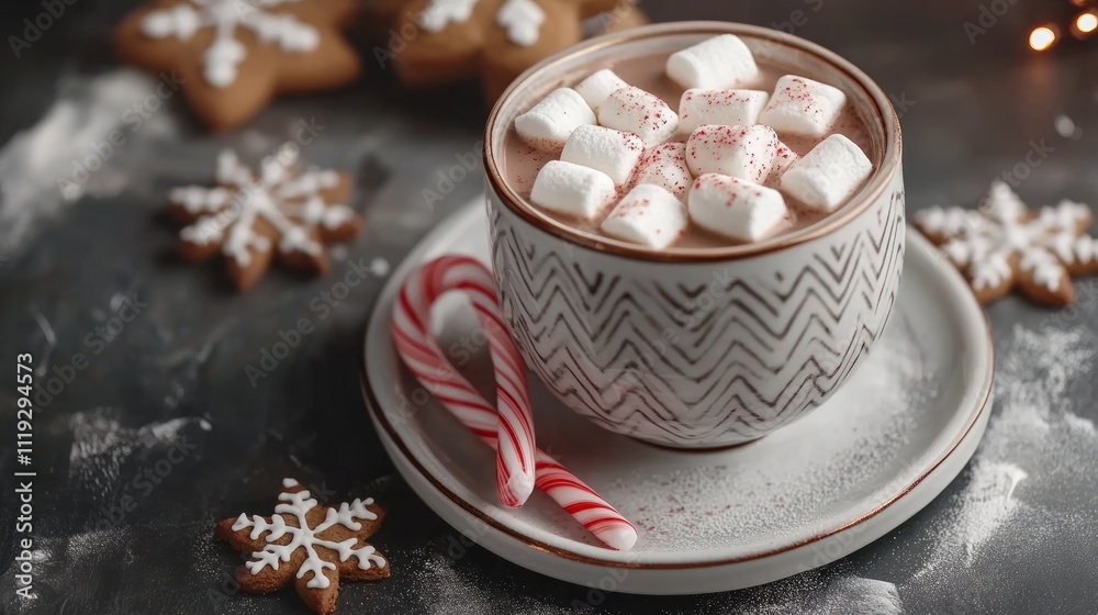 Hot chocolate with marshmallows and candy cane, surrounded by gingerbread cookies. Hot chocolate with marshmallows and candy cane, surrounded by gingerbread cookies.